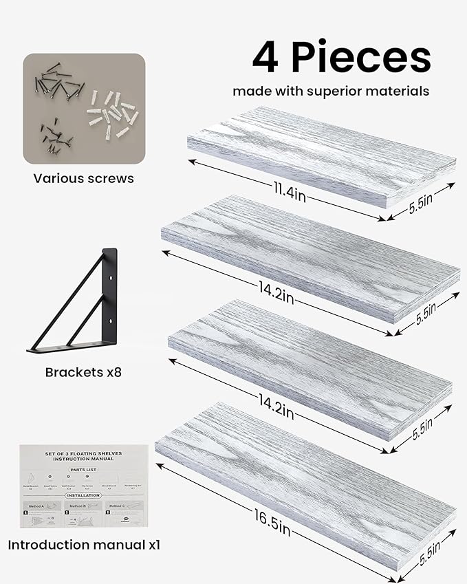 BAYKA Wall Shelves for Bedroom Decor, Floating Wall Shelves for Living Room Kitchen Storage, Wall Mounted Rustic Wood Floating Shelves for Kids Books, Corner Shelf for Bathroom(Gray White，Set of 4)