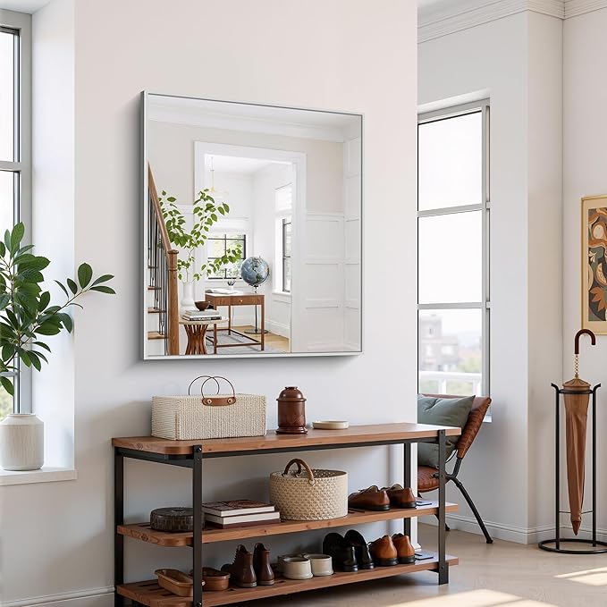 YIROMAN Bathroom Mirror 30"x36", Brushed Silver Bathroom Mirror for Over Sink with Aluminum Frame, Rectangular Vanity Mirror with Right Angles, Wall Mirror Hangs Horizontal or Vertical, Shatterproof