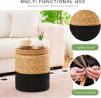 Wimarsbon Storage Pouf Ottoman, Hand Weaving Natural Straw Foot Stool, Bohemian Round Patio Ottomans, Rustic Lounge Pouffe, Outdoor Extra Seat for Garden (14inch Cattail+Black Corn Husk L)