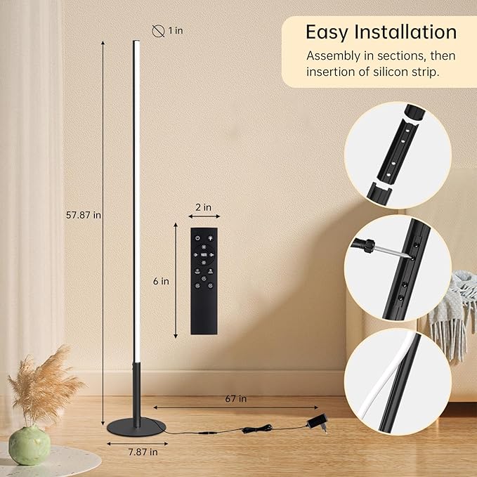 Marlrin Minimalist Corner Floor Lamp 2700K-6500K Dimmable with Remote Control 57.8" Height Metal Slim Ambient Standing LED Light Modern Design Decorative Lamp for Living Room Bedroom (Black)
