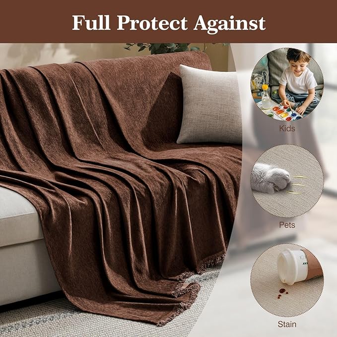 Couch Cover for Dogs Sectional Sofa Covers Washable for 2 Cushion Couch, Chenille Couch Cover Blanket Sectional Sofa Slipcovers, Multi-Use Furniture Protector for Kids, Pets, 71" X118", Coffee
