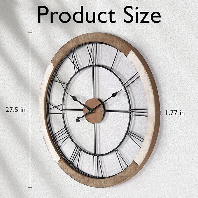 Wall Clock for Living Room Decor, 27.5'' Big Clock for Office, Rustic Wall Clock Battery Operated, Distressed White Roman Numeral Clock, Round, Wood