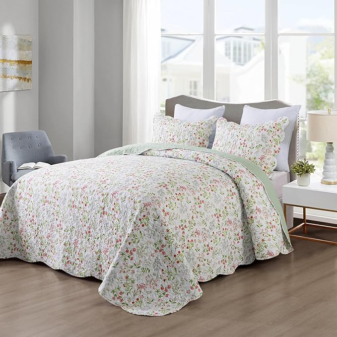 Travan 3-Piece Quilt Set Quilted Bedspread Lightweight Coverlet Set Garden Style Floral Printed Oversized Quilted Bedding Set with Shams for All Season, Flower Sea, King Size