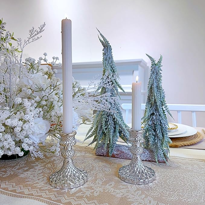 Glass Candlestick Holder,Striped Taper Candle Holders,Set of 6 Candle Stand for Table Centerpieces, Home Decor,Weddings,Festival and Parties (Silver Diamond)