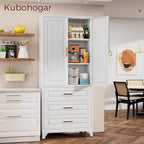 75" Kitchen Pantry Cabinet, Metal Storage Cabinets with Doors and Adjustable Shelves, White Tall Pantry Cabinet with 3 Drawers for Dinning Living Room