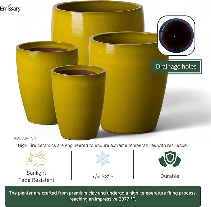 Emissary Home and Garden Bullet 11.5 in. Mustard Yellow Ceramic Round Planter (11.5 in. L x 11.5 in. W x 14 in. H) with Drainage Hole