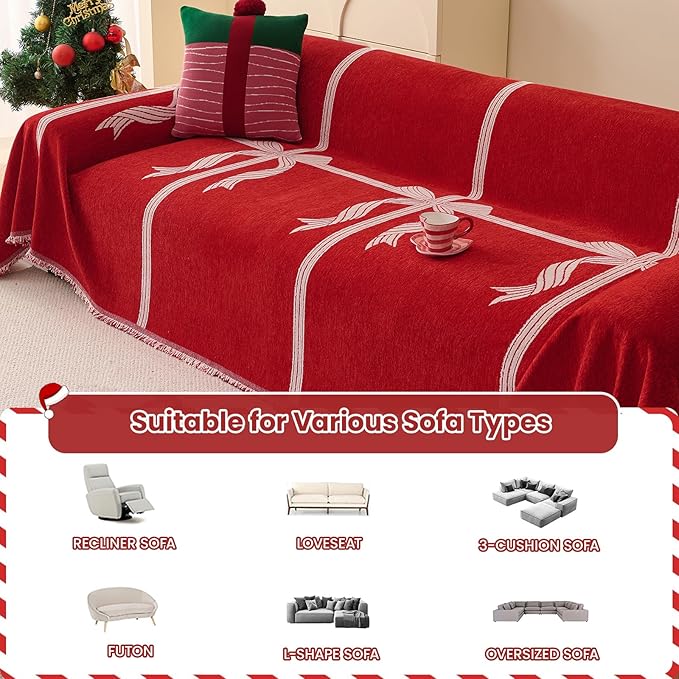 Chenille Armchair Sofa Slipcover Washable Furniture Protector Recliner Couch Cover 1-Piece Cushion Stain Resistant Chair Cover Soft Breathable Couch Cover Blanket, Red Bow 71"x 165"
