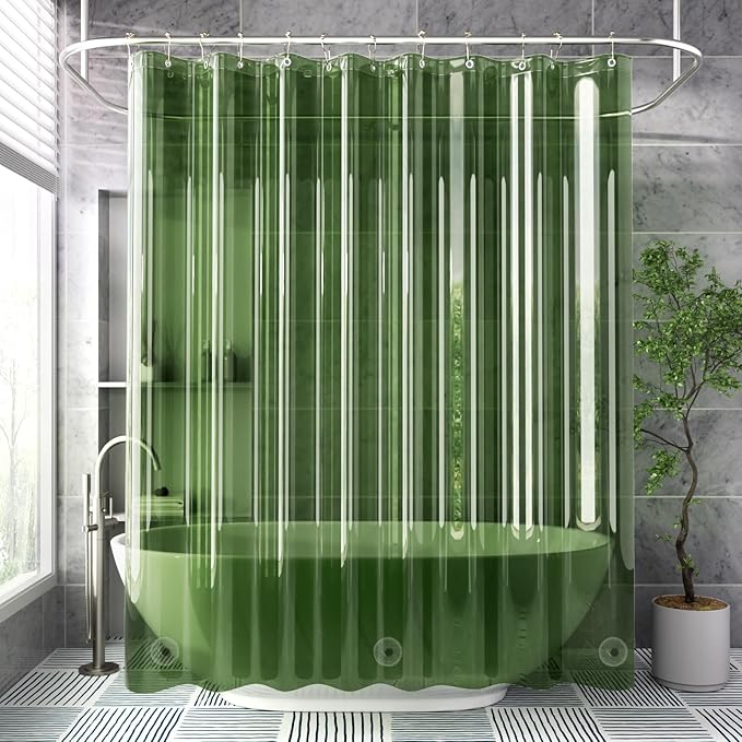 AmazerBath Shower Curtain Liner, 72x72 Transparent Pine Green Shower Liner, Lightweight Plastic Shower Curtain Liners, Waterproof Shower Liner for Bathroom with 3 Magnets and 12 Grommet Holes