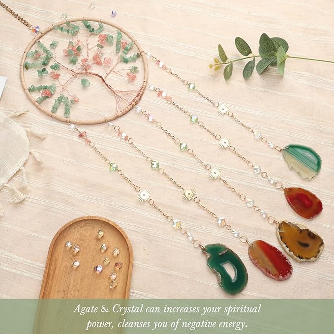 Rainbow Agate Gemstone Large Dream Catcher Crabapple Chakra Tree of Life Dream Catcher with Crystal Stones Handmade Dreamcatcher Wall Decor for Adults Boys Girls Bedroom Garden Bless Gift