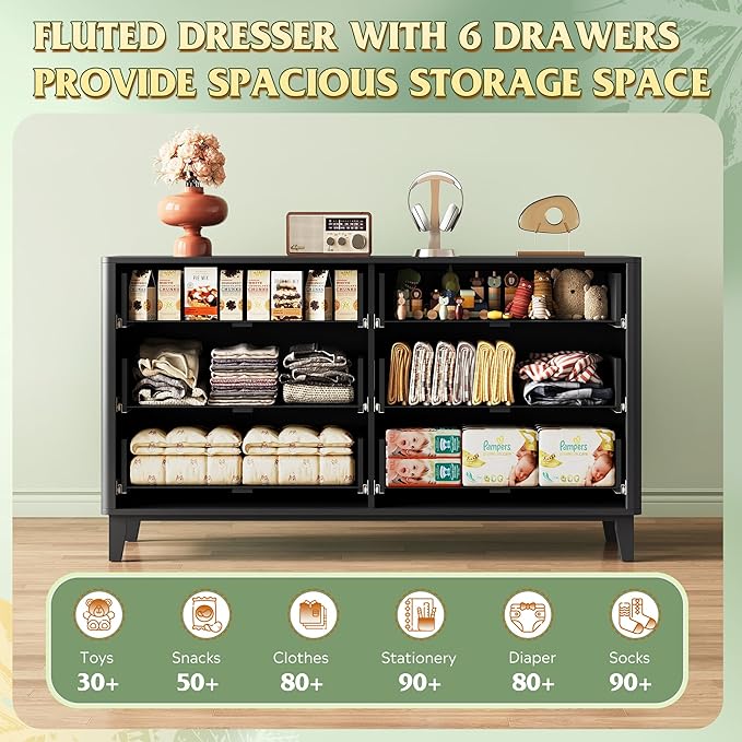 WLIVE Fluted Dresser for Bedroom with 6 Drawers, 54" Wide Wood Dresser with Golden Metal Handles, TV Stand for 65 inch TV, Mid Century Modern Chest of Drawers for Living Room, Hallway, Closet, Black