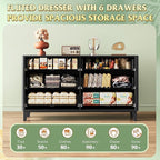 WLIVE Fluted Dresser for Bedroom with 6 Drawers, 54" Wide Wood Dresser with Golden Metal Handles, TV Stand for 65 inch TV, Mid Century Modern Chest of Drawers for Living Room, Hallway, Closet, Black