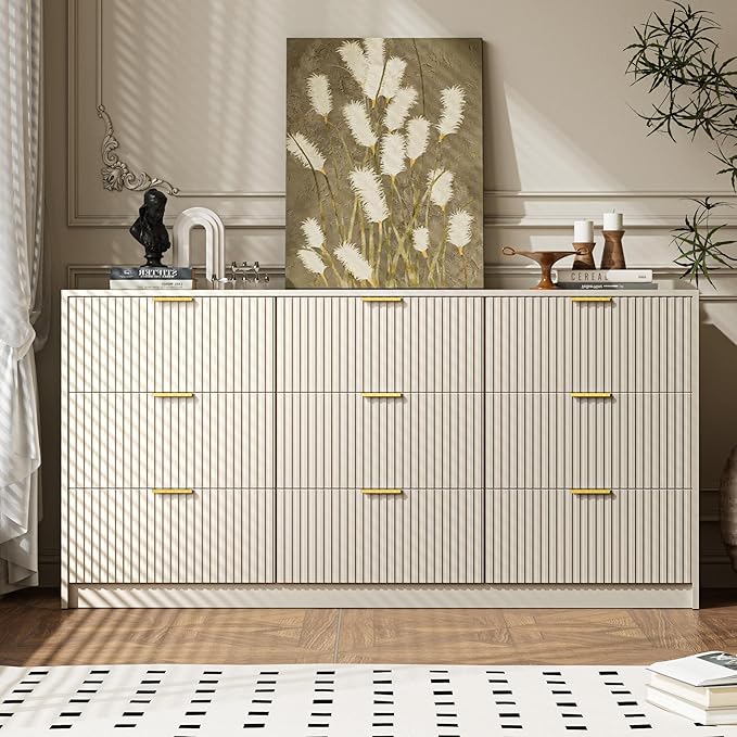 Beige Dresser for Bedroom, 9 Drawer Double Dresser, Modern Chest of Drawers for Bedroom, Living Room, Entryway and Closet, 63" L x 15.7" D x 31.5" H