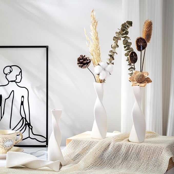 6 Pieces White Ceramic Vases for Home Decor 7.09 inch Tall Vases for Centerpieces Modern Floral for Wedding Party Event Home Office Decoration (Trendy)