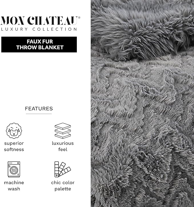 Mon Chateau Grey 3D Jacquard Faux Fur Throw, Plush Luxury Blanket for Couch, Sofa, or Bed, Soft Reversible Throw Blanket for Sleeping, Home & Room Décor, 60" x 70"