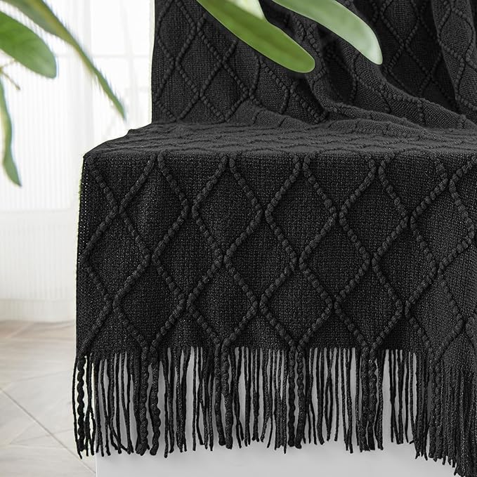 inhand Knitted Throw Blankets for Couch and Bed, Soft Cozy Knit Blanket with Tassel, Black Lightweight Decorative Blankets and Throws, Farmhouse Warm Woven Blanket for Men and Women, 60"x80"