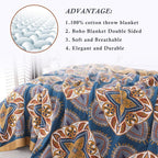 Snycler Boho Throw Blanket for Bed - 100% Cotton Ultra Soft Rustic Quilt Blanket Orange Green Printed Farmhouse Decor Bed Blankets, 80"×90" All Season Rustic Throw for Sofa Couch Chair