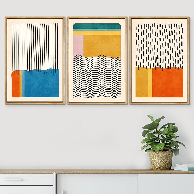 SIGNWIN Framed Canvas Print Wall Art Set Mid-Century Vibrant Color Block Collage Abstract Geometric Illustrations Graffiti & Street Art Modern Art for Living Room, Bedroom, Office - 24"x36"x3 Natural