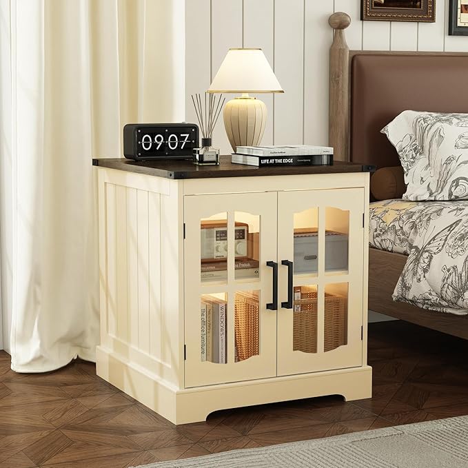 ChooChoo Farmhouse End Table Set of 2, 24" Large Sofa Side Table with Charging Station & LED Light, Nightstand with Adjustable Storage Shelf for Living Room Beige (Cream Mix with White)