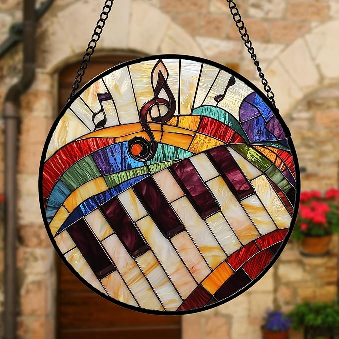 Stained Glass Window Hanging, Piano Notes Sun Catchers Glass Panel Suncatcher Decor for Birthday for Women, Men, Wife, Aunt, and Mom 11.8x11.8 in
