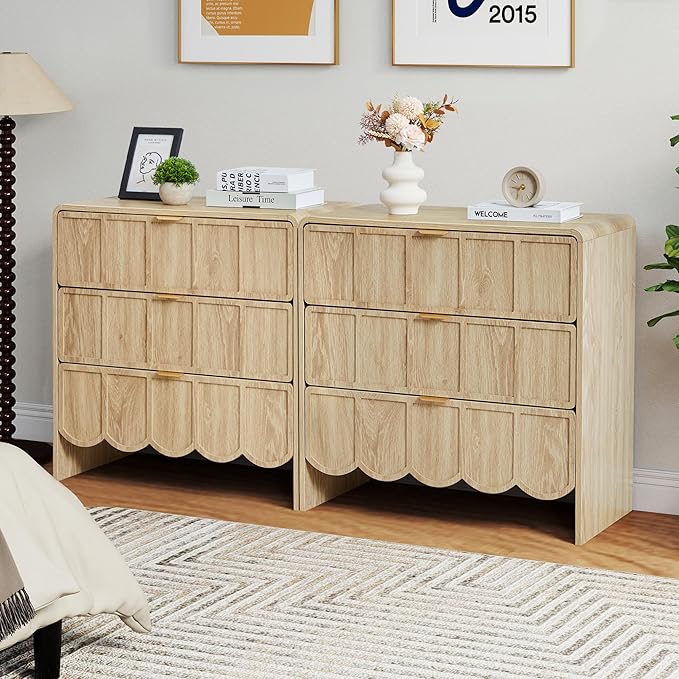 3 Drawer Dresser for Bedroom Set of 2, Modern Closet Chest of Drawers with Wave Fluted Drawer, Wood Storage Small Dresser Organizer for Nursery Bedroom Living Room Hallway Closet (Natural)