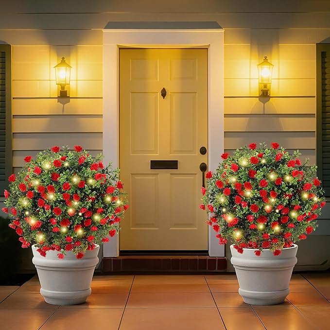 Lewondr Artificial Red Flowers Boxwood Topiary Ball with LED Lights,23.6'' Artificial Shrub Bushes with Ground Spike,UV Resistant Faux Greenery Shrubs,Fake Plants for Indoor Outdoor Garden Patio Decor