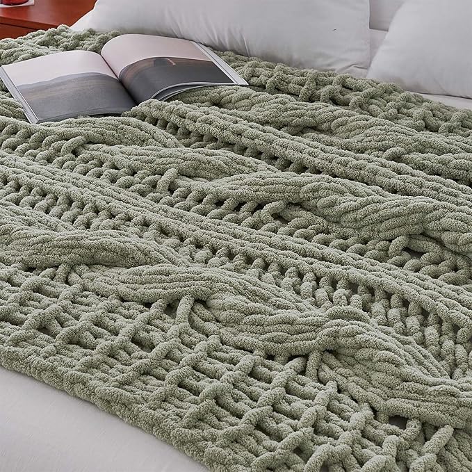 Esterra Chunky Knit Blanket Throw 50"x60", 100% Hand Knitted Chenille Throw Blanket, Cozy Soft Thick Cable Knit Throw Large Rope Knot Crochet Throw Blanket for Sofa Couch Bed, Sage Green