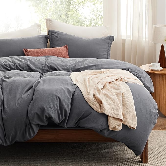 Bedsure Duvet Cover Full Size with Fitted Sheet - 4 Pieces Prewashed Cotton-Like Extra Soft Bedding Set, Includes 1 Duvet Cover 80x90 Inches, 2 Pillow Shams, 1 Fitted Sheet, Dark Grey