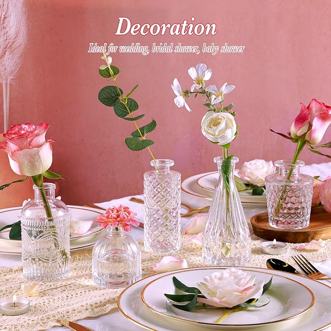 Clear Glass Bud Vases Set of 5, Mini Flower Vase for Centerpieces, Small Clear Vases in Bulk for Wedding Decorations, Vintage Vase for Table, Recepetion, Home Décor