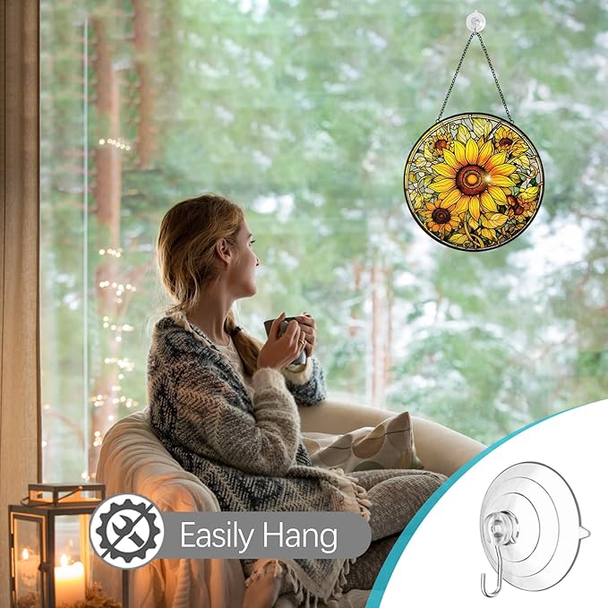 Sunflower Suncatcher Stained Glass Window Hanging Ornaments - 8” Handmade Sun Catchers Indoor Window Outdoor Garden Decor - Wall Art Sun Flower Glass Panel with Hooks - Sunflower Gifts for Women Mom