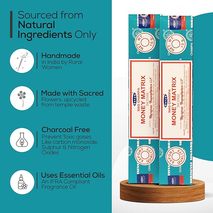 Satya Money Matrix Incense Sticks 180 gm (15GM X 12 Pack) from Satya Mumbai and Raajsee Incense Sticks Holder Bundle, Free from Chemicals,Natural Insenses