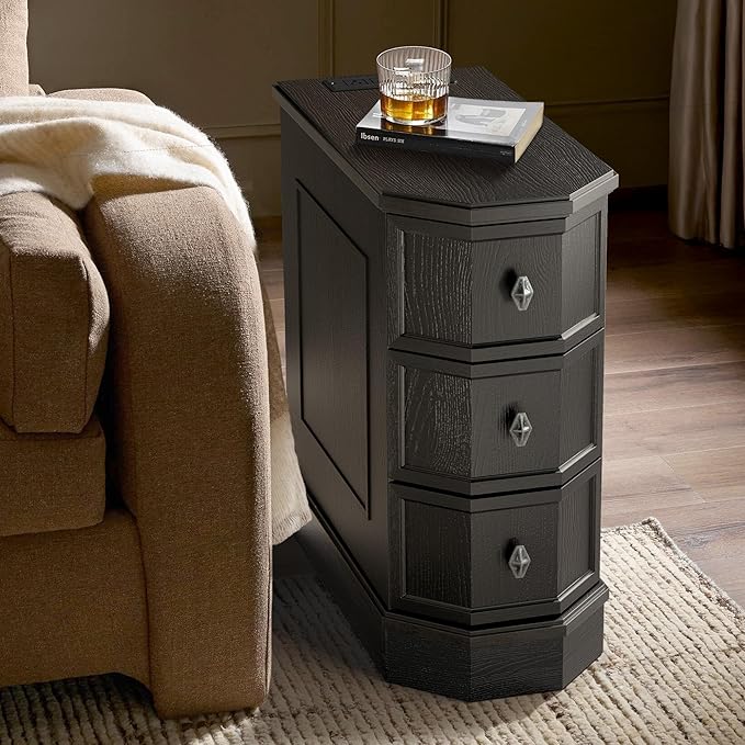 Nightstand with Charging Station, Vintage Wood End Table with 3 Drawer, Victoria Narrow Side Table, Slim Bedside Tables for Bedroom, Pre-Installation, Black