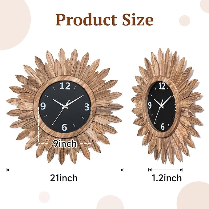 Honiway Large Wall Clock Battery Operated 21 in Rustic Wood Boho Sunburst Decorative Wall Clock Silent Non Ticking Farmhouse Wall Clocks for Living Room Bedroom Kitchen Bathroom Decor (Rustic Brown)