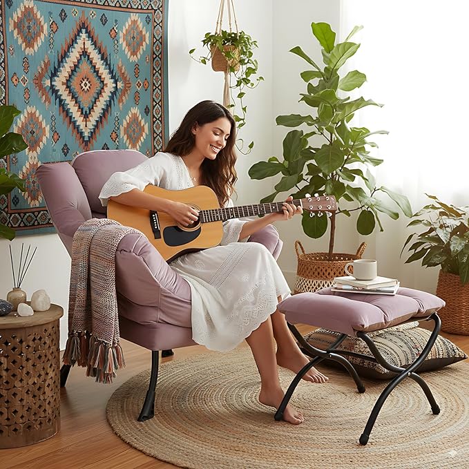 Lazy Chair and Ottoman, Large Accent Lounge Chair with Armrests and a Side Pocket, Modern Leisure Upholstered Sofa Reading Armchair with Footrest for Bedroom, Living Room, Dorm Rooms, Office