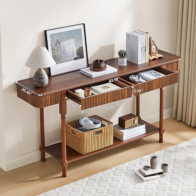 63”Console Table with 2 Drawers, Farmhouse Entryway Table with Fluted Panel & Storage Shelf,Narrow Long Behind Couch Tables Accent Sofa Table with Solid Wood Legs for Living Room Foyer Hallway(Walnut)