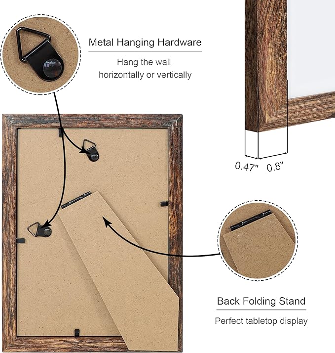 5x7 Picture Frame Set of 4, 5 x 7 Wood Photo Frames with Mat for 4x6, Natural Wooden Frame with Real Glass Cover for Wall and Tabletop Display,Rustic Brown