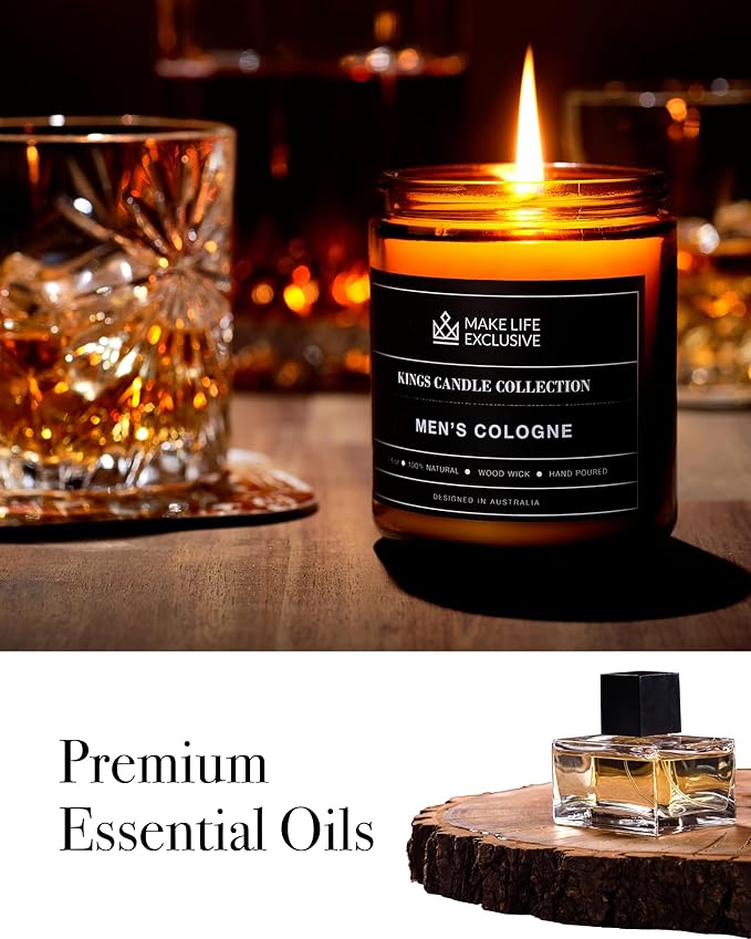 Scented Candles for Men | Men's Cologne, Amber Sandalwood Scent | Wooden Wick, Long Lasting, Masculine Scents | Natural Soy Jar Candle for Home, Bacehlor Pad Decor | The Perfect Mens Gift