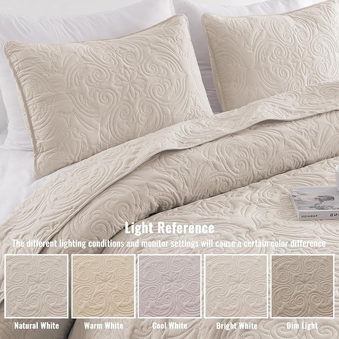 Exclusivo Mezcla Quilt Set Oversized King Size with 2 Pillow Shams, Lightweight Brich Beige Quilts with Vintage Damask Pattern, Soft Cal King Bedspreads Coverlets Bedding Set for All Seasons