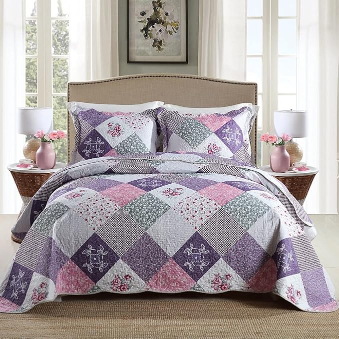 Travan Bedspread Quilt Set 3-Piece Lightweight Coverlet Set with Shams Reversible Quilted Bedding Set for All Season, Purple Floral, Queen Size