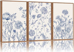Tinonedraw Large Classic Chinoiserie Flower Framed Canvas Wall Art Set, Navy Blue and White Floral Wall Decor, Minimalist Neutral Botanical Art Printing for Living Room Bedroom Office Dorm 16"x24"x3