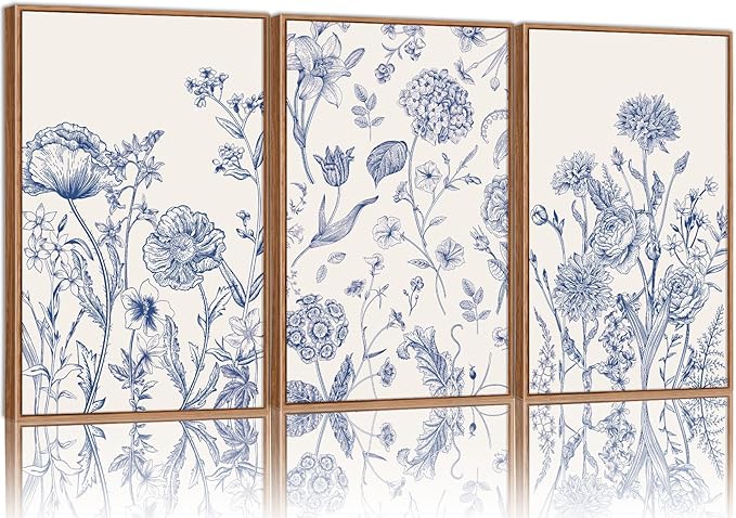 Tinonedraw Large Classic Chinoiserie Flower Framed Canvas Wall Art Set, Navy Blue and White Floral Wall Decor, Minimalist Neutral Botanical Art Printing for Living Room Bedroom Office Dorm 24"x36"x3