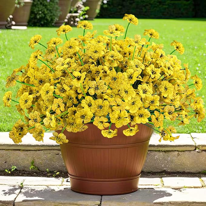 Krissing 48 Bundles Outdoor Artificial Flowers UV Resistant Fake Silk Flowers Faux Plastic Plants Outside Garden Porch Window Box Summer Decoration (Yellow)
