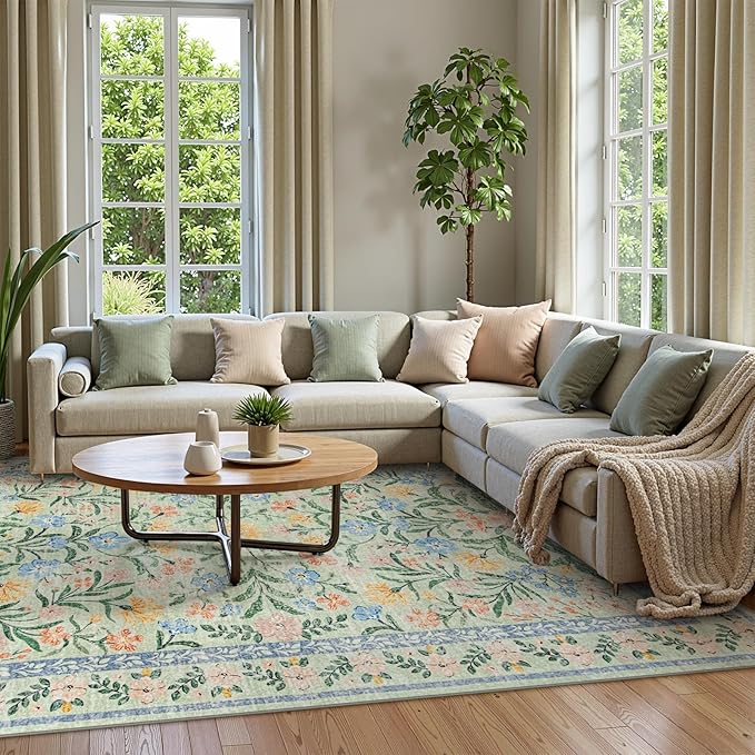 Wonnitar 10x14 Machine Washable Area Rugs, Green Floral Large Rugs for Living Room, Ultra-Thin Foldable Boho Flower Print Bedroom Carpet for Dorm Apartment Office