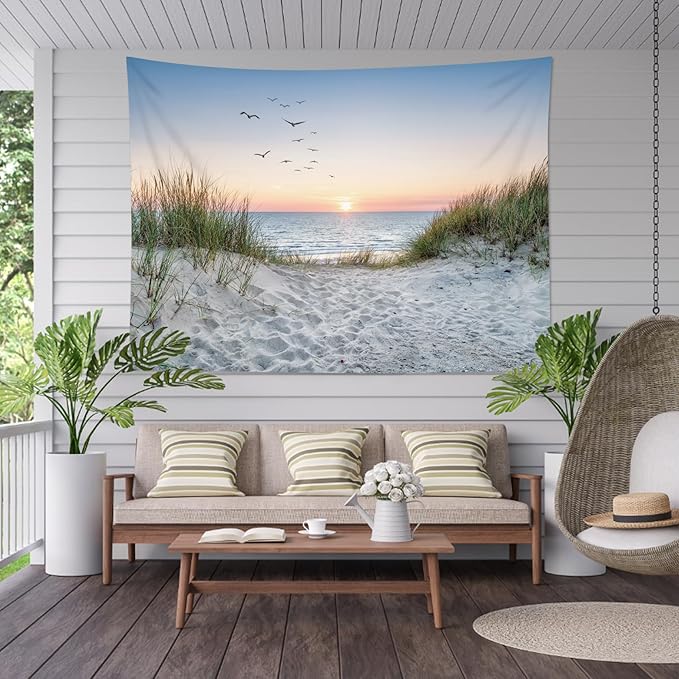 HVEST Ocean Beach Tapestry Wall Hanging, Sunset Seabird and Beach with Grass Wall Hanging Tapestry Natural Landscape Tapestry for Bedroom Living Room Dorm Decoration Wall Decor, 80x60 Inches