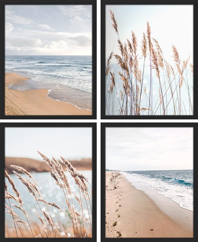 SIGNWIN Framed White Beach Grass Cloudy Ocean Sea Wave Horizon Wall Art, Set of 4 Landscape Colorful Wall Decor Prints, Nature Wilderness Wall Décor for Living Room, Bedroom - 11"x14" Black