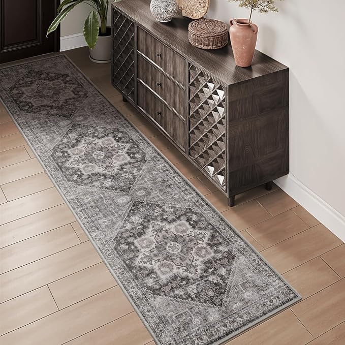 Runner 2x8 Runners for Hallways Runner-Rugs for Bedroom Soft Kitchen Machine Washable Vintage Oriental Floral Medallion Laundry Rug Non Slip Grey