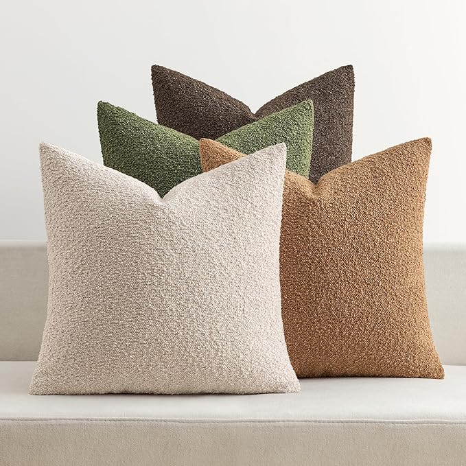 MIULEE Pack of 4 Decorative Textured Boucle Throw Pillow Covers 20x20 Inch Green Brown Accent Solid Pillow Cases Soft Couch Cushion Covers Modern Farmhouse Boho Chair Sofa Bed Livingroom Home Decor
