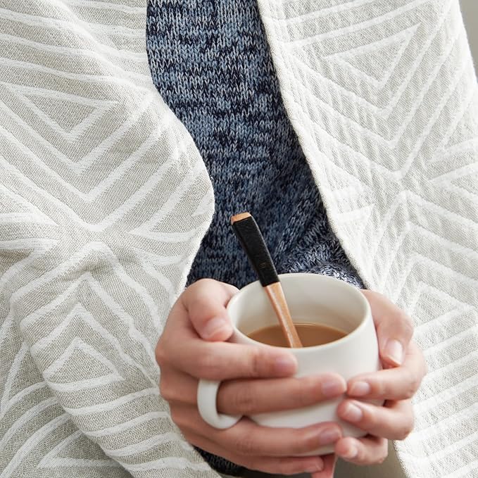 jinchan Boho 100% Cotton Blanket Muslin 50x60 Inches Lightweight 3-Layer Geometric Triangle Striped Pattern Reversible Quilt Throw Soft Breathable Comfy All Seasons for Couch Bed Decor, Light Grey