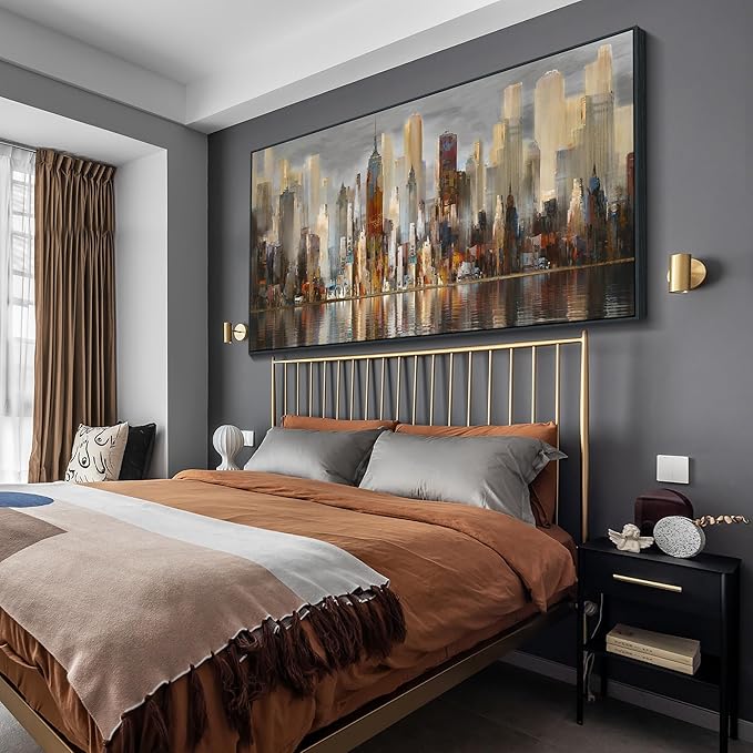 Mofutinpo Large Black Framed Cityscape New York abstract wall art Brown City Theme Paintings Modern Canvas office wall decor living room modern artwork Size 30x60