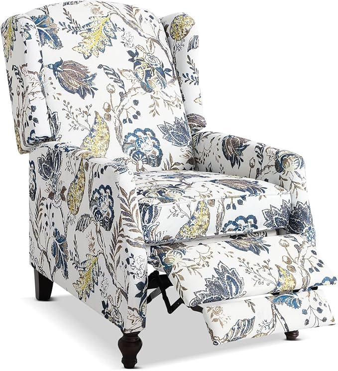 Upholstered Wingback Recliner Chair - Traditional Push Back Recliner Chair with Padded Seat, Fabric Floral Recliner Wingback Chair, Mid Century Modern Armchair for Living Room