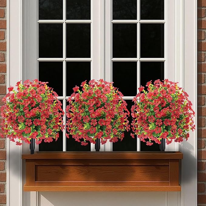 22.8" Set of 2 Fall Artificial Boxwood Topiary Ball with Spikes,UV Resistant Fake Outdoor shrubs with Violet Flowers, Realistic Faux Plants Bushes for Garden Front Porch Yard Patio Decor(Red)